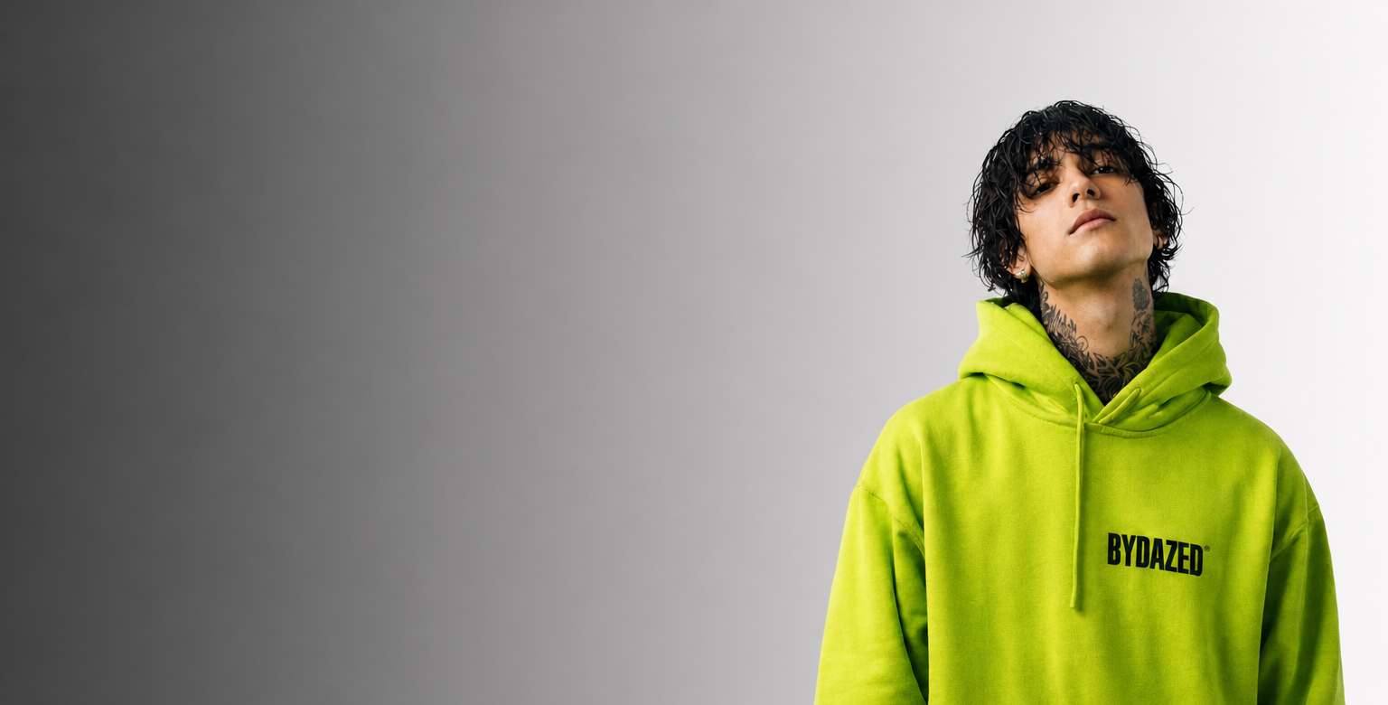 BYDAZED Punch Drunk Collection — Model wearing neon green heavyweight hoodie